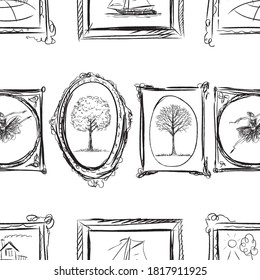 Seamless pattern of sketches various pictures in frames on the wall