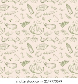 Seamless pattern of sketches various ripe fruits and vegetables