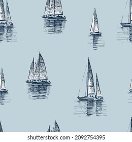 Seamless pattern from sketches of various sailing yachts in the sea