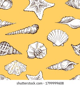 Seamless pattern of sketches various seashells