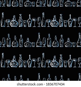 Seamless pattern of sketches various wine glasses and bottles