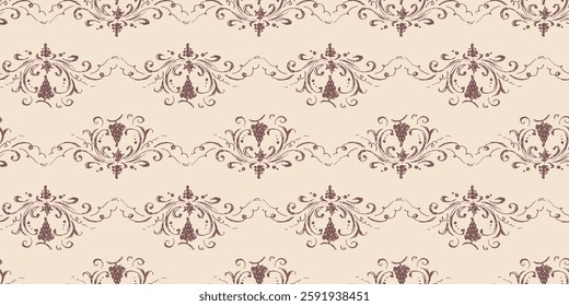 Seamless pattern of sketches vintage design elements, grape bunches, tendrils, swirls, vector background, paper, fabric, wallpaper, wrapper, textile