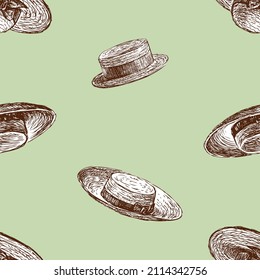 Seamless pattern of sketches vintage straw female hats