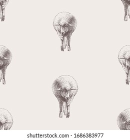 Seamless pattern of sketches walking funny sheeps