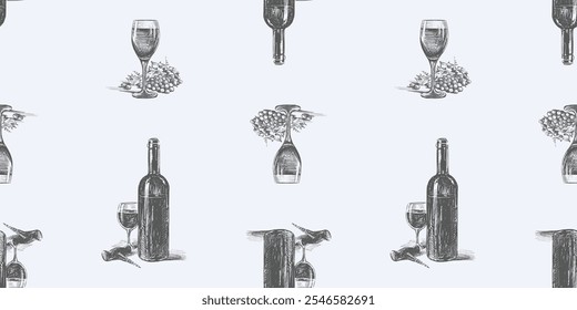 Seamless pattern of sketches wine bottle, wine glasses, grape berries bunch, corkscrew, vector background, paper, wallpaper, wrapping