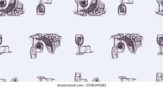Seamless pattern of sketches of wine glasses, cheese, grape bunches, baskets, realistic hand drawing, wallpaper, paper, wrapping