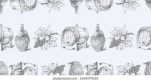Patrón sin fisuras de bocetos botella de mimbre de vino, barril de vino, racimo de bayas de uva, fondo de Vector, papel, Fondo de pantalla, envoltura