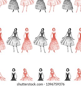 Seamless pattern of sketches of women in evening gowns