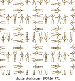 Seamless Pattern Of Sketches Wooden Human Mannequins