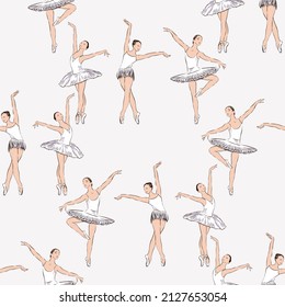 Seamless pattern of sketches young graceful dancing ballerinas