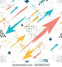 Seamless pattern with sketchy arrows, grunge textures, dots, stars, and playful lines on a white background. Ideal for kids fashion, school supplies, and creative prints.