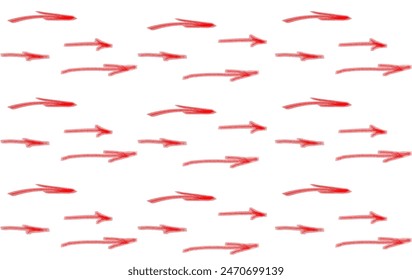 Seamless pattern of sketchy blurry red arrows on transparent background. Vector.