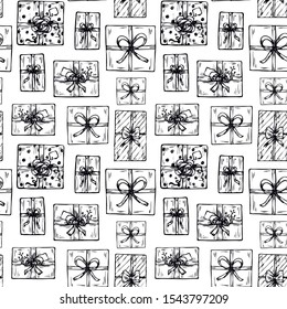 Seamless pattern of sketchy boxes with bows.