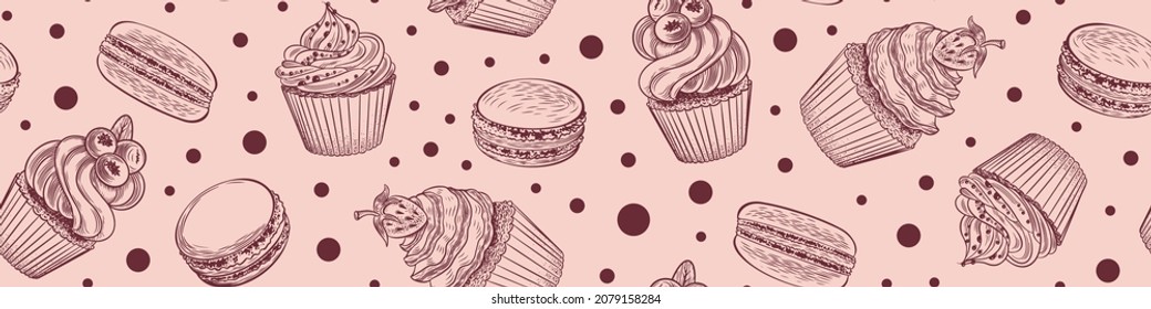 Patrón sin foco con postres insípidos. Pasteles de Doodle y macarons borde horizontal. Ilustración vectorial.