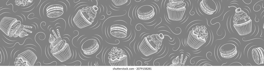 Patrón inmaculado con postres insípidos sobre fondo gris. Pasteles de Doodle y macarons borde horizontal. Ilustración vectorial.