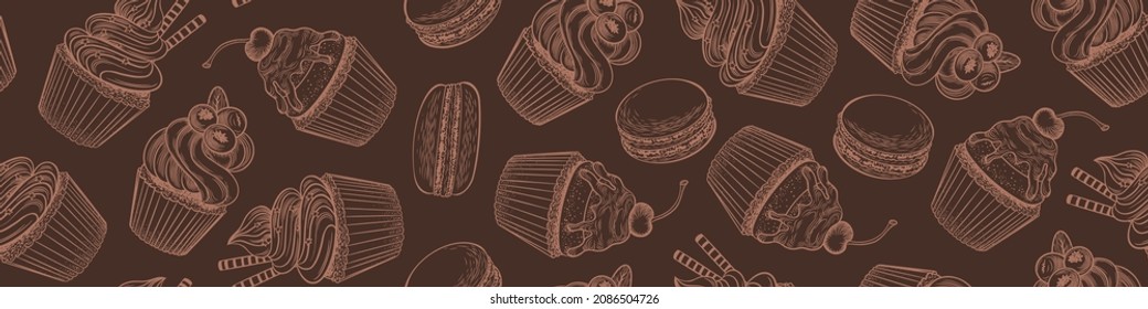 Patrón sin foco con postres insípidos sobre fondo marrón. Pasteles de Doodle y macarons borde horizontal. Ilustración vectorial.