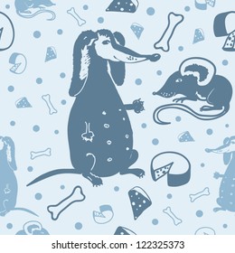 Seamless pattern with sketchy dogs and mices in blue colors