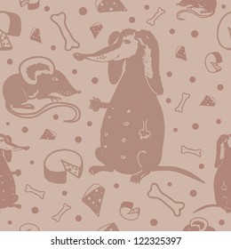 Seamless pattern with sketchy dogs and mices in brown colors