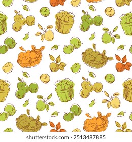 Padrão sem emenda com desenhos esboçados de maçãs. Conceito de temporada de separação da Apple, modelo de plano de fundo