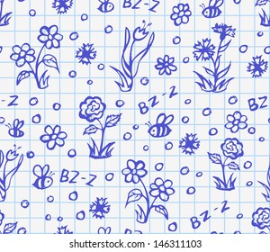 Seamless pattern with sketchy flowers on square lined paper. Vector illustration