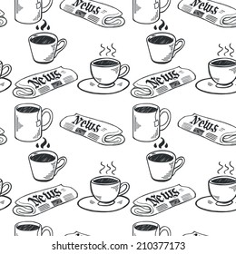 Patrón sin fisuras con tazas de café dibujadas a mano y periódicos sobre fondo blanco. Ilustración de pausa de café.