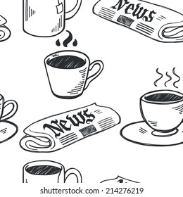 Seamless pattern with sketchy hand drawn coffee cups and newspapers on white background. Coffee break illustration.