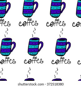 Seamless pattern with sketchy hand drawn coffee cups   on white background