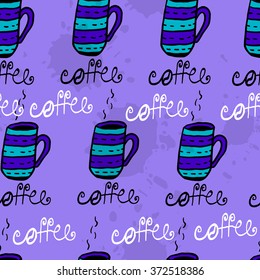 Seamless pattern with sketchy hand drawn coffee cups   on blue background