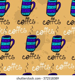 Seamless pattern with sketchy hand drawn coffee cups   on yellow background