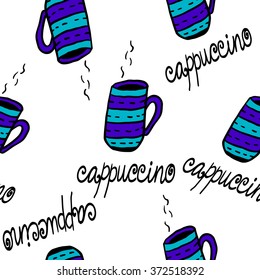 Seamless pattern with sketchy hand drawn coffee cups   on white background