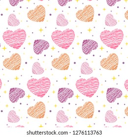 Seamless pattern of sketchy hearts in orange, purple and pink tones