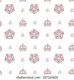 Seamless pattern with sketchy monochrome royal crowns, Tudor roses and queen Elizabeth's monograms on white background. EPS10 vector illustration.