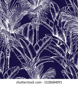 Seamless pattern with sketchy tropical leaves. White line. Hand drawn vector illustration on dark blue background.