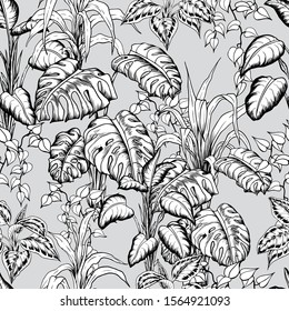 Seamless pattern with sketchy tropical leaves. Hand drawn vector on gray background.