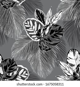 Seamless pattern with sketchy tropical palm leaves. Hand drawn vector illustration on gray background.