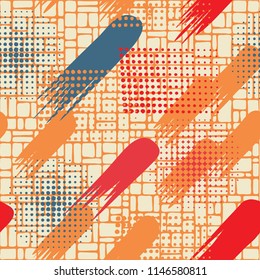 Seamless pattern. Skew brush strokes and elements of dots on the background consisting of a network consisting of a variety of small cells.
