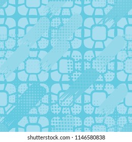 Seamless pattern. Skew brush strokes and elements of dots on the background consisting of rounded rectangles, each of which is divided into different cells.
