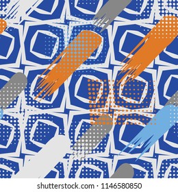 Seamless pattern. Skew brush strokes and elements of dots on the background consisting of inclined four-sided figures.