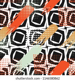 Seamless pattern. Skew brush strokes and elements of dots on the background consisting of inclined four-sided figures.
