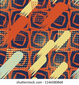 Seamless pattern. Skew brush strokes and elements of dots on the background consisting of inclined four-sided figures.