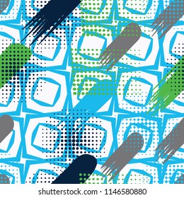 Seamless pattern. Skew brush strokes and elements of dots on the background consisting of inclined four-sided figures.