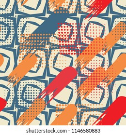 Seamless pattern. Skew brush strokes and elements of dots on the background consisting of inclined four-sided figures.
