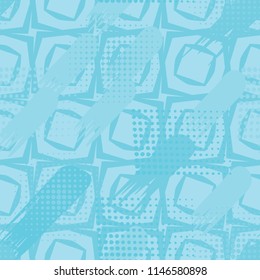 Seamless pattern. Skew brush strokes and elements of dots on the background consisting of inclined four-sided figures.