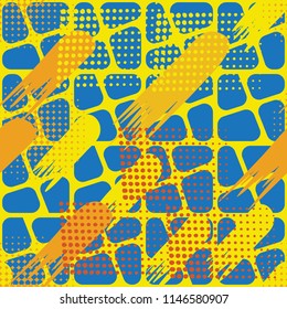 Seamless pattern. Skew brush strokes and elements of dots on the background consisting of squares separated by oblique crosses..
