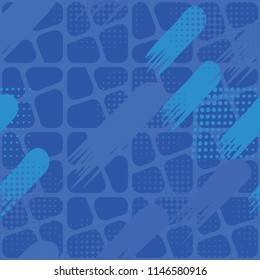 Seamless pattern. Skew brush strokes and elements of dots on the background consisting of squares separated by oblique crosses..