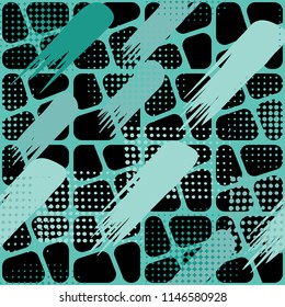 Seamless pattern. Skew brush strokes and elements of dots on the background consisting of squares separated by oblique crosses..