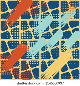 Seamless pattern. Skew brush strokes and elements of dots on the background consisting of squares separated by oblique crosses..