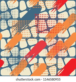 Seamless pattern. Skew brush strokes and elements of dots on the background consisting of squares separated by oblique crosses..