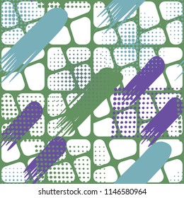 Seamless pattern. Skew brush strokes and elements of dots on the background consisting of squares separated by oblique crosses..