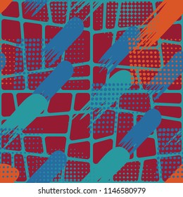 Seamless pattern. Skew brush strokes and elements of dots on the background consisting of different oblique cells.